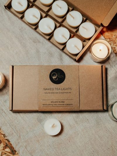 box of 10 vegan candles olive wax tea lights with a box closed and box open