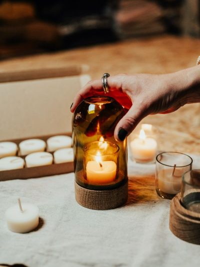 Olive green repurposed glass dome candle holders with natural refillable tea lights the perfect winter decorations
