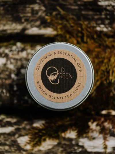 Winter scents - winter essential oil and olive wax tea light in a handy travel tin