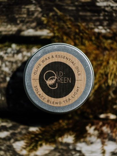 relaxing essential oil blends in our Solace tea light made from olive wax in a reusable aluminum tin
