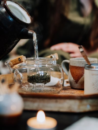 spring ritual gift set with spring tea being poured