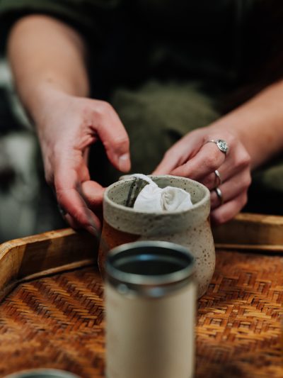 spring tea in a reusable cotton tea bag